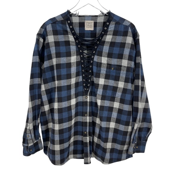LF Furst of a Kind Upcycled Blue Black Plaid Flannel Shirt Lace Up Neck Size XXL - Picture 1 of 8